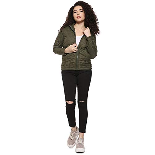 Campus Sutra Women's Olive Green Puffer Regular Fit Bomber Jacket for Winter Wear | Standing Collar | Full Sleeve | Zipper | Casual Jacket for Woman & Girl | Western Stylish Jacket for Women - Image 3