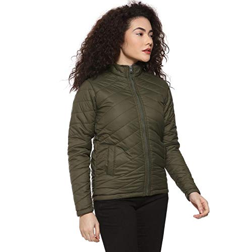 Campus Sutra Women's Olive Green Puffer Regular Fit Bomber Jacket for Winter Wear | Standing Collar | Full Sleeve | Zipper | Casual Jacket for Woman & Girl | Western Stylish Jacket for Women - Image 1