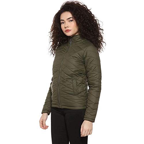 Campus Sutra Women's Olive Green Puffer Regular Fit Bomber Jacket for Winter Wear | Standing Collar | Full Sleeve | Zipper | Casual Jacket for Woman & Girl | Western Stylish Jacket for Women - Image 2