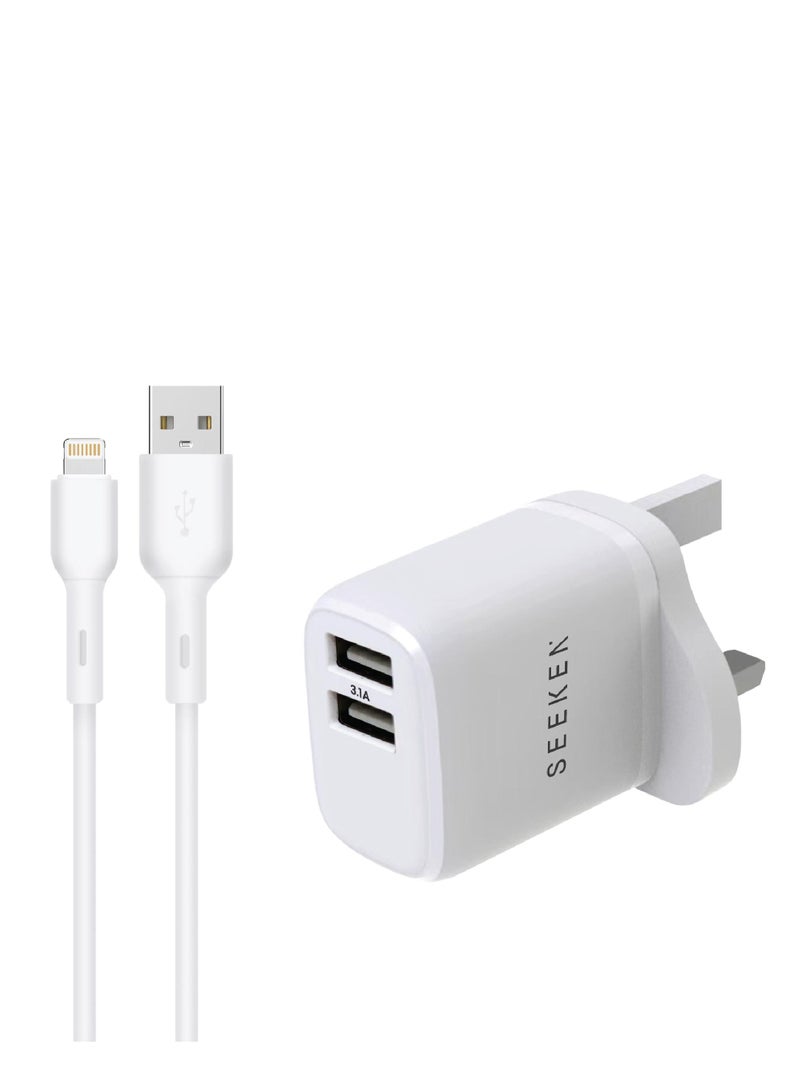 Seeken SA-324 Dual USB Wall Charger 3.1A Fast Charging Adapter with 1M Lightning Cable, UK 3-Pin Plug, Multi-Voltage Travel Charger for iPhone & Devices - Image 3