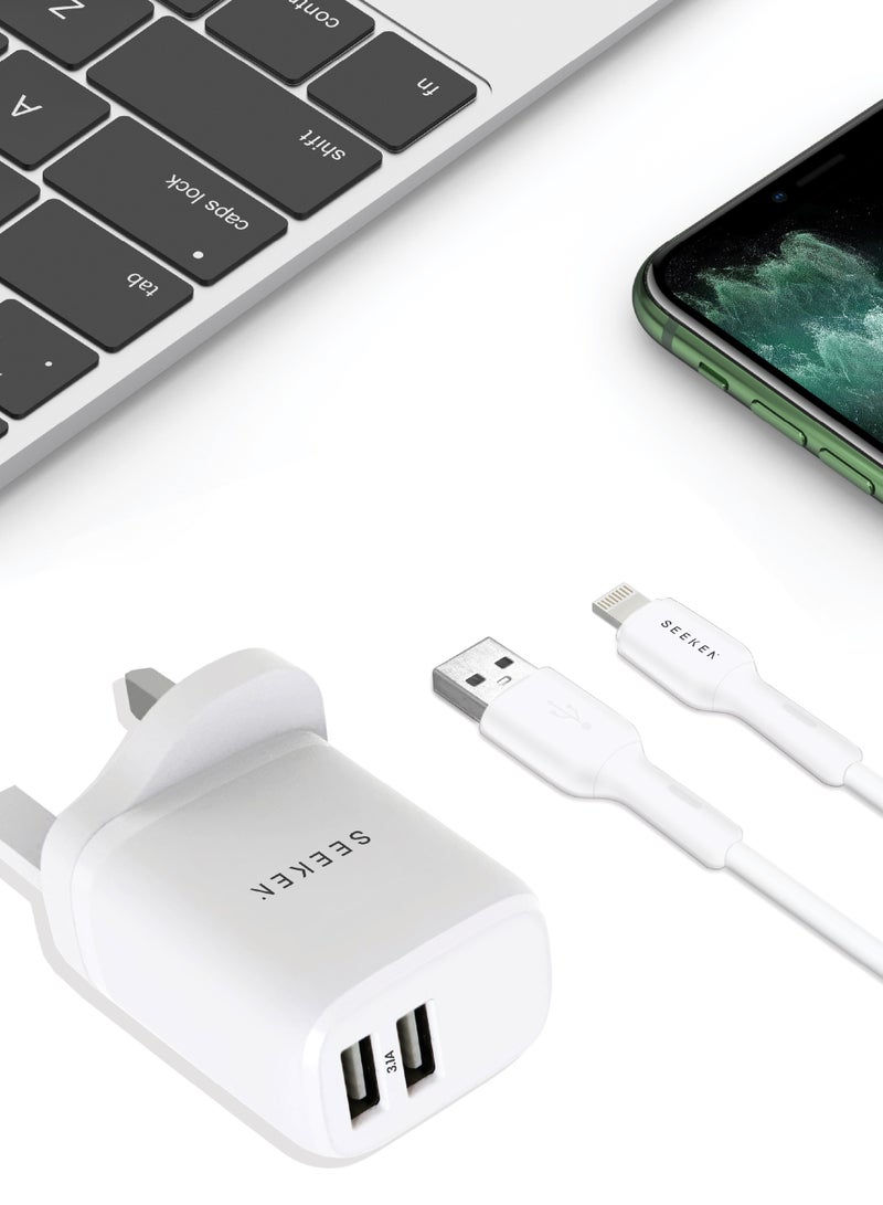 Seeken SA-324 Dual USB Wall Charger 3.1A Fast Charging Adapter with 1M Lightning Cable, UK 3-Pin Plug, Multi-Voltage Travel Charger for iPhone & Devices - Image 2