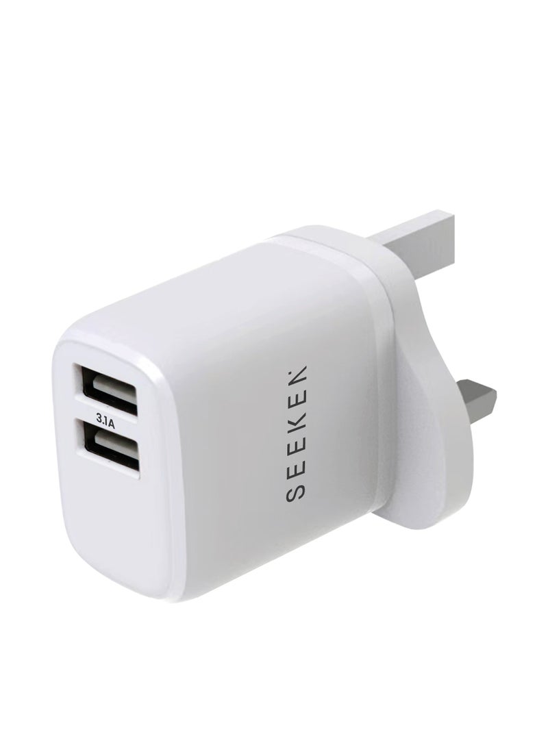 Seeken SA-324 Dual USB Wall Charger 3.1A Fast Charging Adapter with 1M Lightning Cable, UK 3-Pin Plug, Multi-Voltage Travel Charger for iPhone & Devices - Image 1
