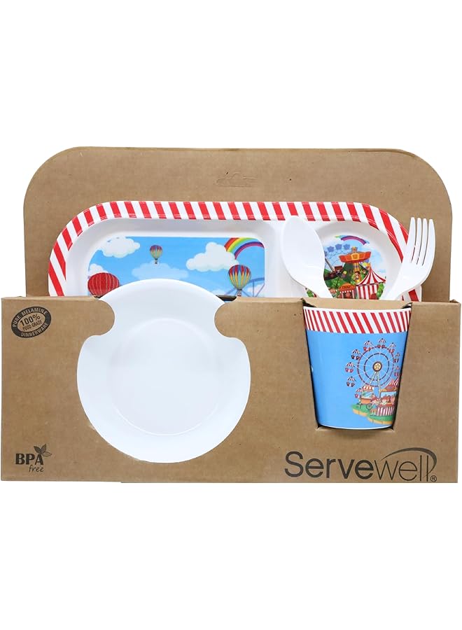 Servewell Melamine Kids 5 Pcs Set 11" Rect Plate 5.5" Bowl 3.2" X 2.2" Tumbler 6.3" Kids Spoon And 6.3" Kids Fork Circus - Image 1