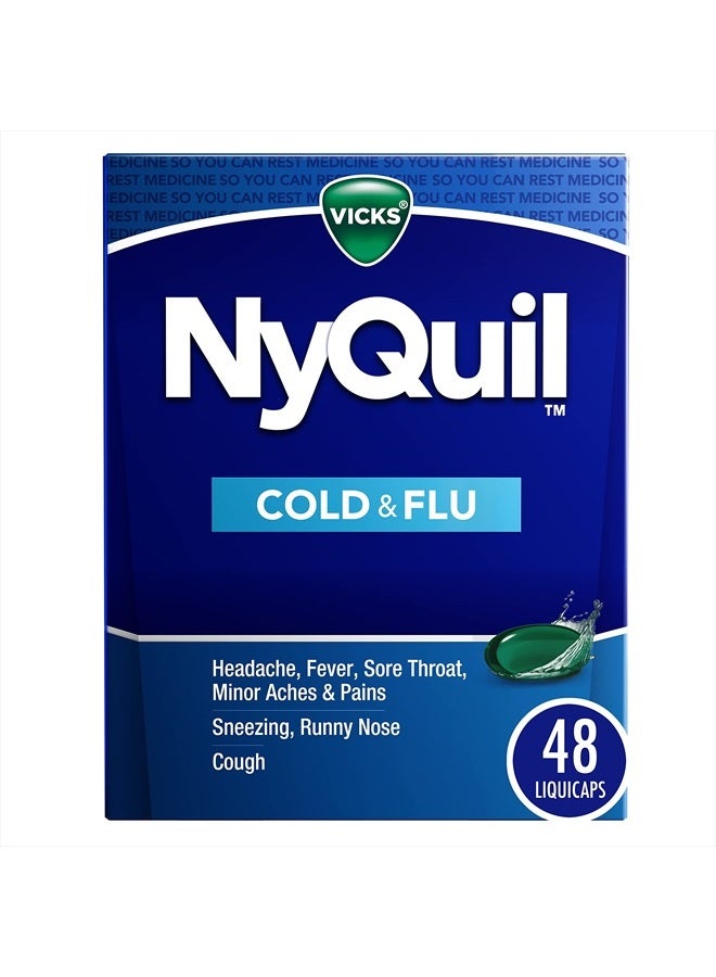 Vicks NyQuil Cold and Flu Relief Liquid Medicine, Powerful Multi-Symptom Nighttime Relief for Headache, Fever, Sore Throat, Minor Aches and Pains, Sneezing, Runny Nose, and Cough, 48 Liquicaps - Image 1