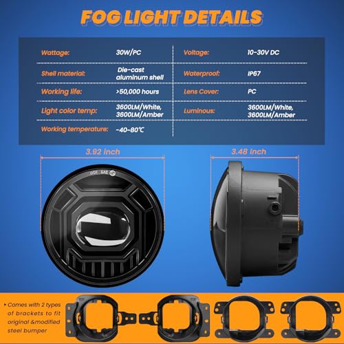 KARSAM 4 Inch Round LED Fog Lights for 2018-2025 Jeep Wrangler JL JLU & Jeep Gladiator JT, 60W White Amber Fog Lamps with 2 Pair Mounting Brackets, Front Bumper Off-road Fog Light for Jeep Accessories - Image 2