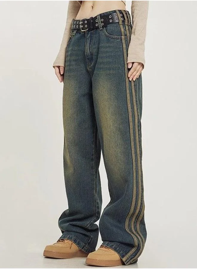 يونيكي Blue Relaxed Fit High-Rise Light Fade Jeans with Side Stripe