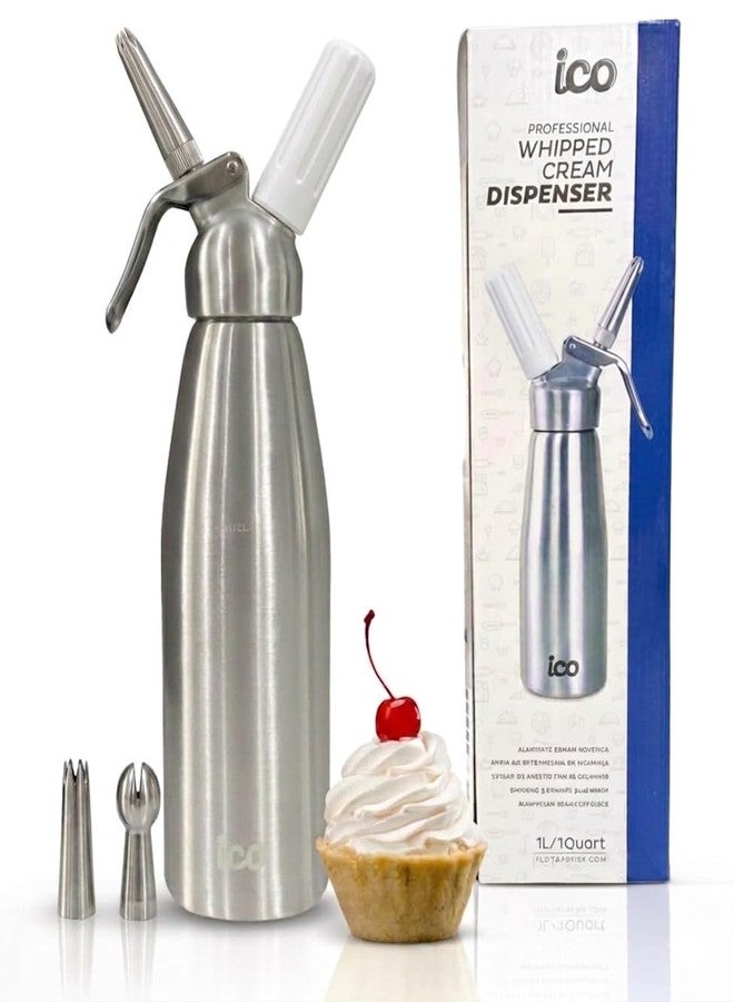 ICO Professional Aluminum Whipped Cream Dispenser for Homemade Whipping Cream, Whipped Cream Maker for Desserts, Dips, Sauces, and Infused Liquors, Silver, 1-Quart - Image 1