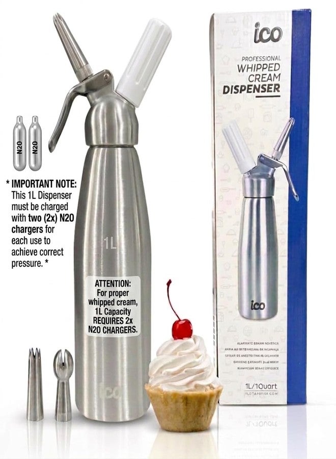 ICO Professional Aluminum Whipped Cream Dispenser for Homemade Whipping Cream, Whipped Cream Maker for Desserts, Dips, Sauces, and Infused Liquors, Silver, 1-Quart - Image 2