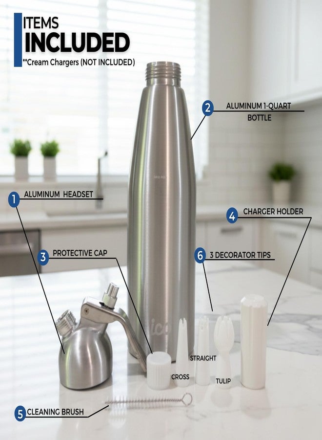 ICO Professional Aluminum Whipped Cream Dispenser for Homemade Whipping Cream, Whipped Cream Maker for Desserts, Dips, Sauces, and Infused Liquors, Silver, 1-Quart - Image 3