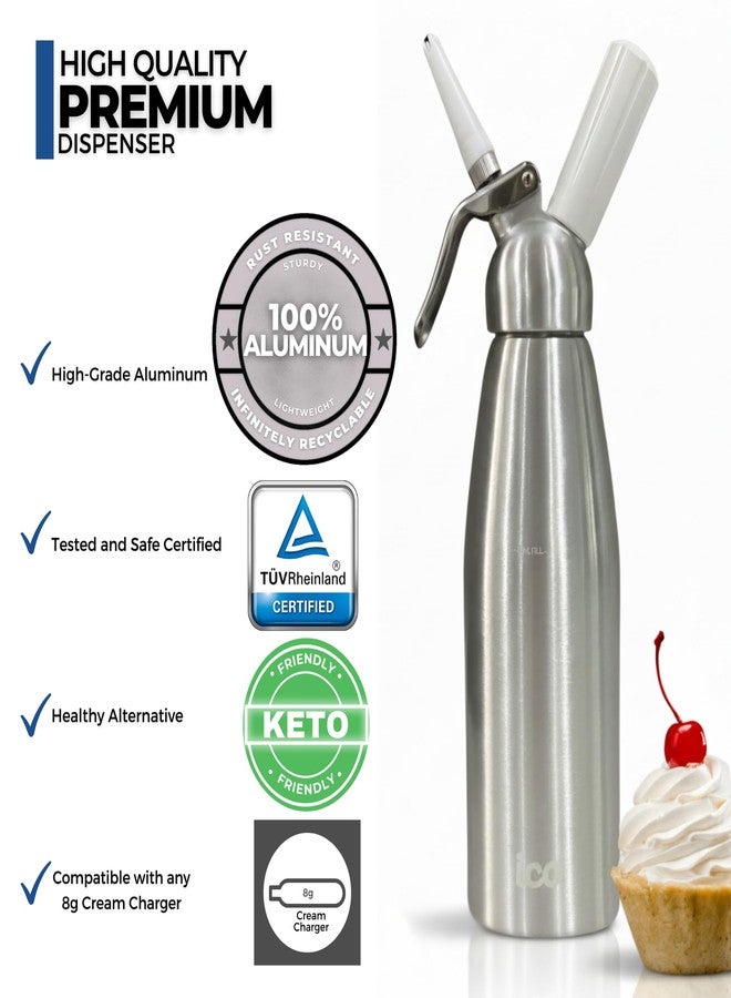 ICO Professional Aluminum Whipped Cream Dispenser for Homemade Whipping Cream, Whipped Cream Maker for Desserts, Dips, Sauces, and Infused Liquors, Silver, 1-Quart - Image 4