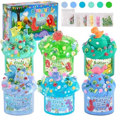 LAWOHO 6 Pack Dinosaurs Slime Kit for Kids Cloud Butter Clear Slimes with Glow in The Dark Addins Green Blue Dino Slime Super Soft and NonSticky Birthday Party Favor for Boys Girls - Image 1