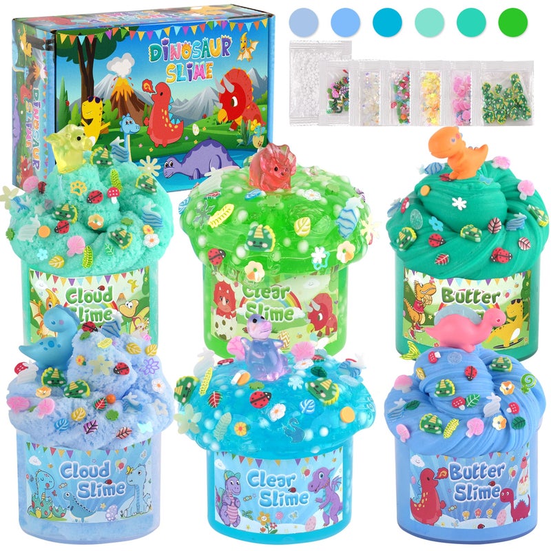 LAWOHO 6 Pack Dinosaurs Slime Kit for Kids Cloud Butter Clear Slimes with Glow in The Dark Addins Green Blue Dino Slime Super Soft and NonSticky Birthday Party Favor for Boys Girls - Image 2