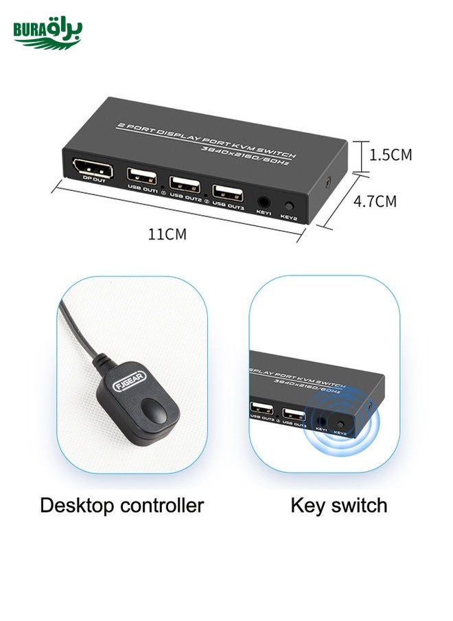 FJGEAR FJ-DK201 60HZ 2 Ports DP + USB To KVM Switcher With Desktop Controller