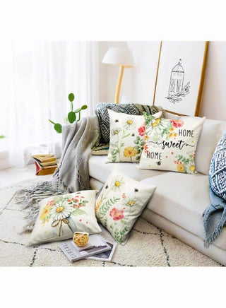Spring Honey Bee Daisy Flowers Home Sweet Home Throw Pillow Covers 45cmx45cm Set of 4, Spring Summer Seasonal Decorations for Home - view 2