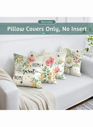 Spring Honey Bee Daisy Flowers Home Sweet Home Throw Pillow Covers 45cmx45cm Set of 4, Spring Summer Seasonal Decorations for Home - view 3