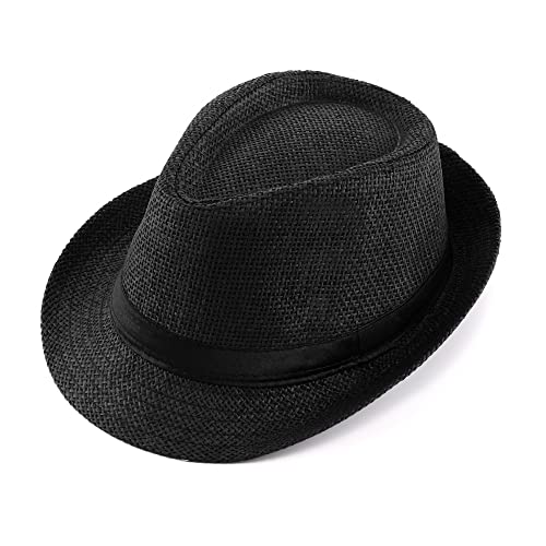 FALETO Unisex Summer Panama Straw Fedora Hat Short Brim Beach Sun Cap Classic (#01 Black) - Image 1