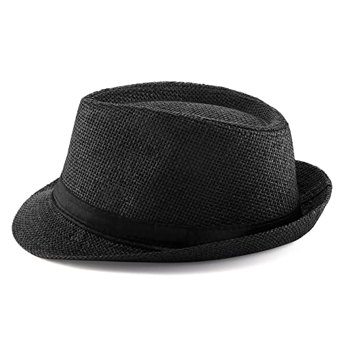 FALETO Unisex Summer Panama Straw Fedora Hat Short Brim Beach Sun Cap Classic (#01 Black) - Image 4