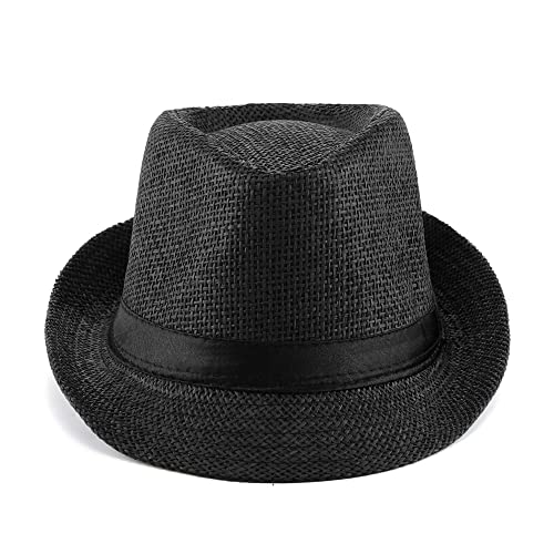 FALETO Unisex Summer Panama Straw Fedora Hat Short Brim Beach Sun Cap Classic (#01 Black) - Image 3