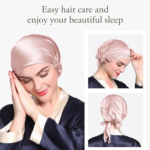 LilySilk Silk Bonnet for Sleeping Womens Sleep Cap 100 19MM Mulberry Silk for Long Curly Hair Adjustable Stretchy Rosy Pink - Image 3