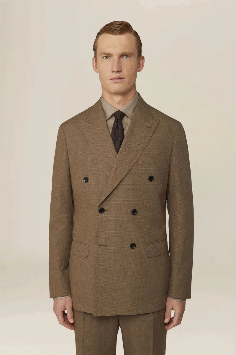 دوبل غانغر Men's double-breasted unlined jacket in Prince of Wales check, regular fit - Beige