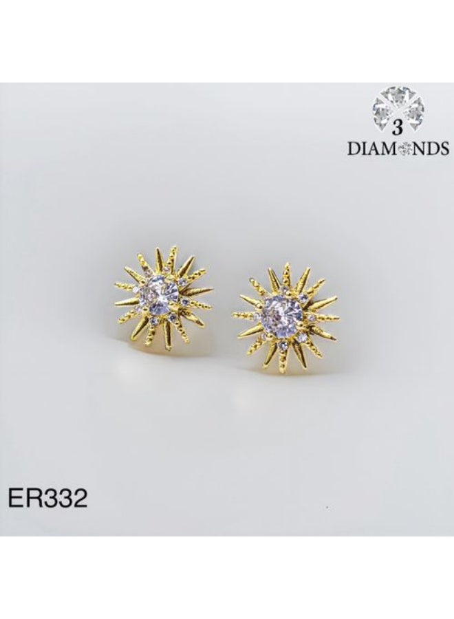 3Diamonds Gold Plated Sunburst Stud Earrings with Cubic Zirconia Sparkle - Image 1