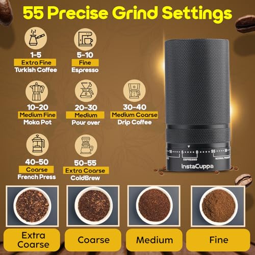 InstaCuppa Manual Coffee Grinder with 55 Grind Settings | Stainless Steel Burr | Hand Crank Mill for Espresso, French Press, Pour Over | External Adjustable Grind | Easy to Clean & Travel-Friendly - Image 3