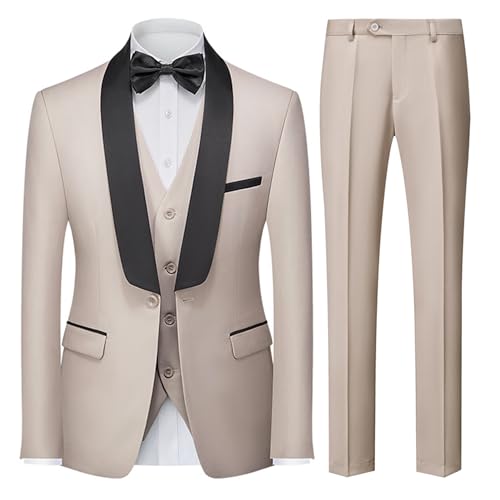 UNINUKOO Men Suits Slim Fit 3 Piece Tuxedo Set Shawl Lapel Wedding Casual Formal Tuxedo with Bow Tie US Size M Beige - Image 3