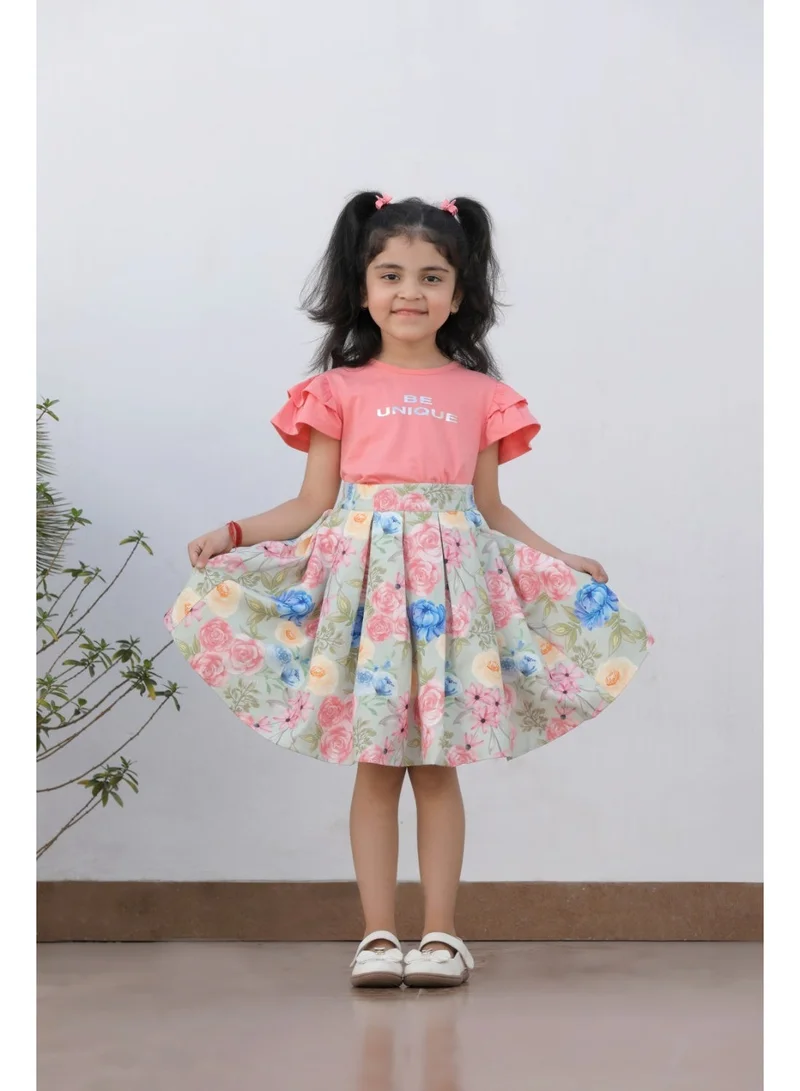 Luxe & Hardy Girls Liana Printed Round Neck T-Shirt With Skirt