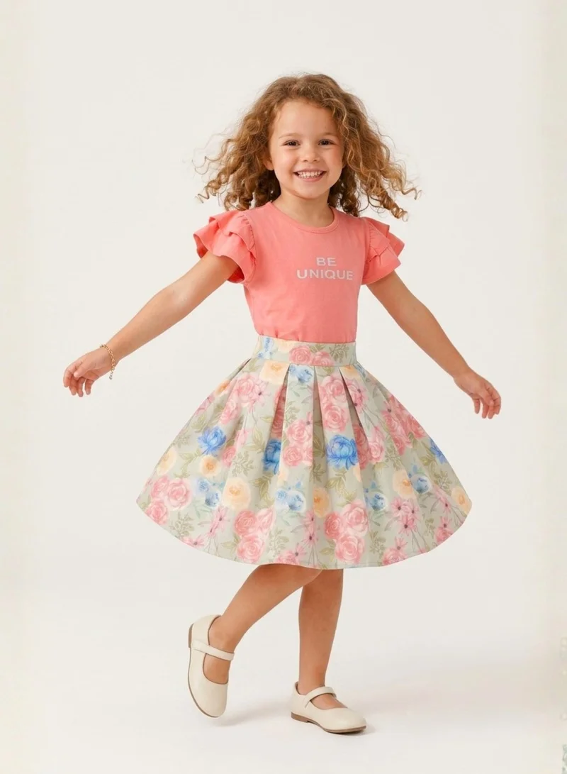 Luxe & Hardy Girls Liana Printed Round Neck T-Shirt With Skirt
