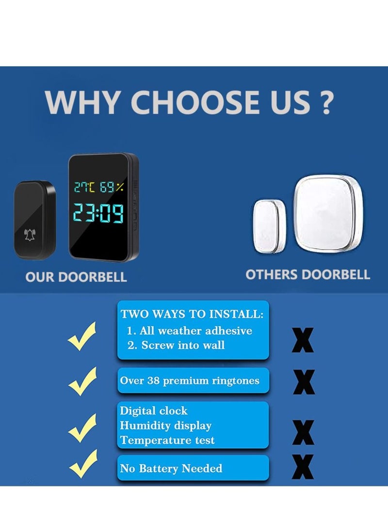 No Battery Needed Wireless Doorbells for Home, Waterproof and Self-powered Door bell, Displays Temperature, Humidity and Time, Houses Door bell with 38 Melodies and 4 Volume Levels  - Image 4