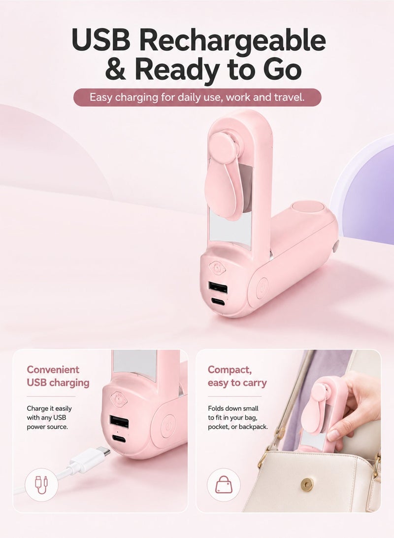 5 in 1 Rechargeable Handheld Mini Fan, Foldable Portable Fan with Power Bank Function, Mirror, Flashlight, 3 Adjustable Speeds, Compact Design for Outdoor, Travel, Office Use - Image 3