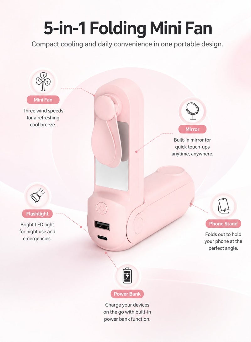 5 in 1 Rechargeable Handheld Mini Fan, Foldable Portable Fan with Power Bank Function, Mirror, Flashlight, 3 Adjustable Speeds, Compact Design for Outdoor, Travel, Office Use - Image 2
