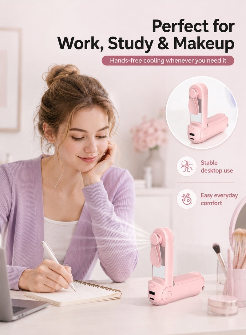 5 in 1 Rechargeable Handheld Mini Fan, Foldable Portable Fan with Power Bank Function, Mirror, Flashlight, 3 Adjustable Speeds, Compact Design for Outdoor, Travel, Office Use - Image 5