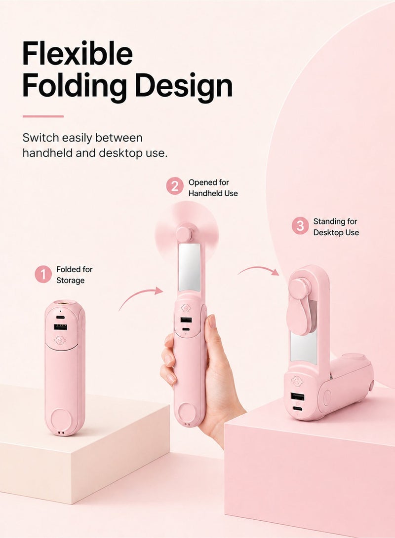 5 in 1 Rechargeable Handheld Mini Fan, Foldable Portable Fan with Power Bank Function, Mirror, Flashlight, 3 Adjustable Speeds, Compact Design for Outdoor, Travel, Office Use - Image 4