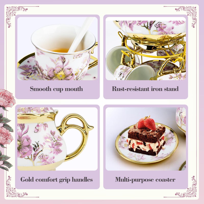 Hebaogugu 20 Pcs Porcelain Tea Set with Metal Holder, European Ceramic Tea Set for Adults, Coffee Tea Gift Sets, French Tea Cup Saucer Set for Party With Gold Trim (French White) - Image 5