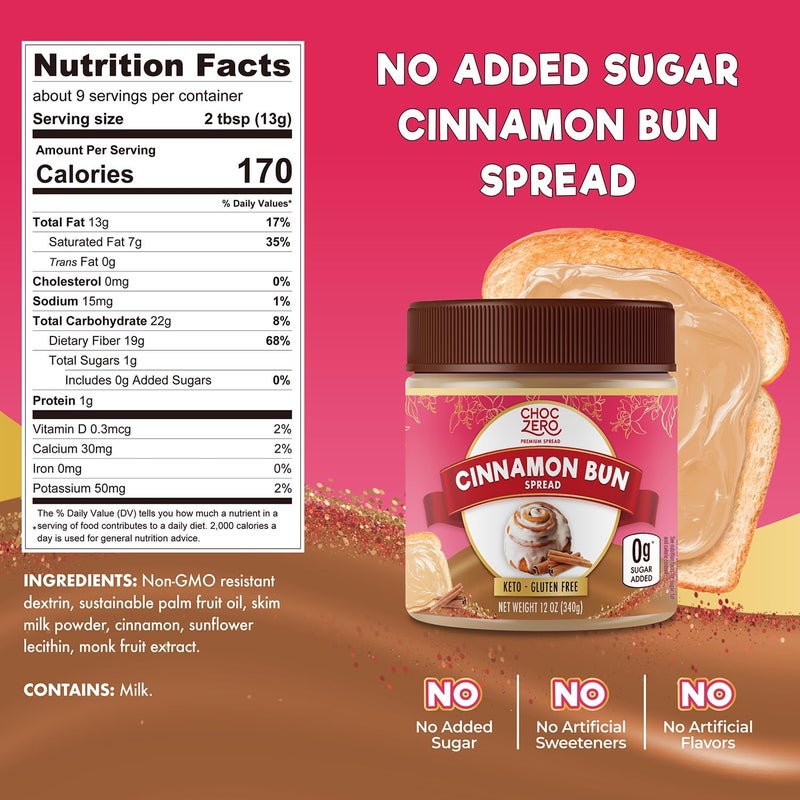 ChocZero Cinnamon Bun Spread - No Added Sugar, High Fiber, Low Carb Keto Breakfast & Dessert Spread, 12 oz Jar - Image 2
