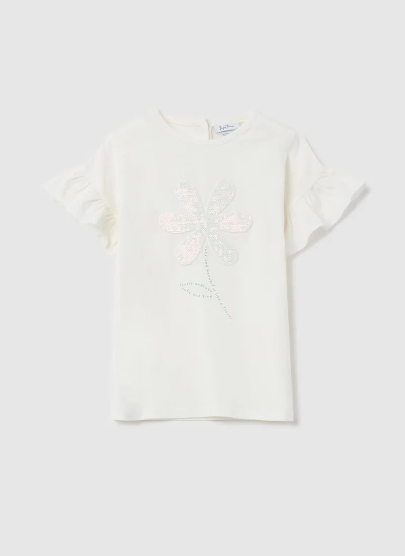 او في اس T-Shirt With Flounce And Flower Application