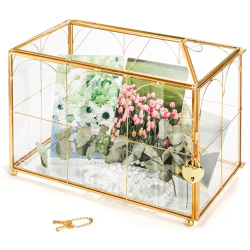 Okllen Glass Card Box with Slot, Large Gold Clear Card Box for Wedding Receptions, Decorative Storage Box with Lock for Baby Shower, Birthday Party, Bridal Shower - Image 1