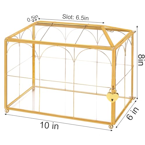 Okllen Glass Card Box with Slot, Large Gold Clear Card Box for Wedding Receptions, Decorative Storage Box with Lock for Baby Shower, Birthday Party, Bridal Shower - Image 2