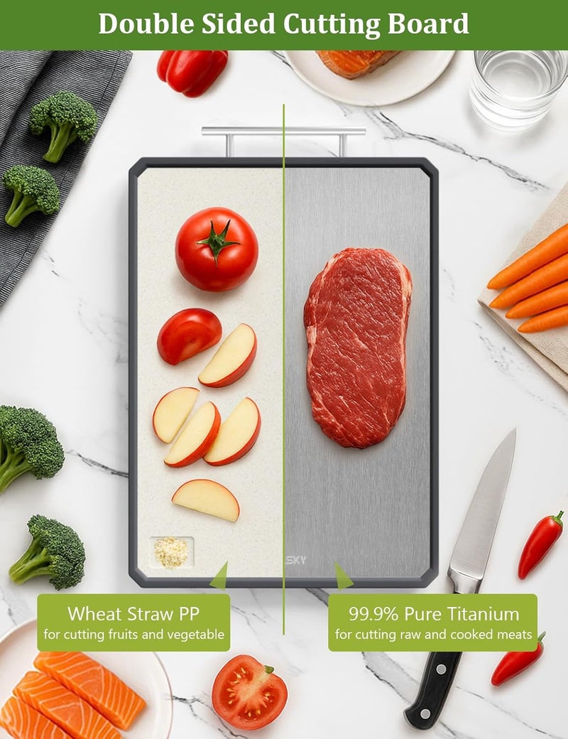 Callsky Titanium Cutting Boards for Kitchen, 2 in 1 Non Toxic Cutting Board, Food-Grade Double Sided Pure Titanium & Wheat Straw PP Chopping Board for Meat/Vegetables, Dishwasher Safe Large 16.3”×11-1 PC - Image 2