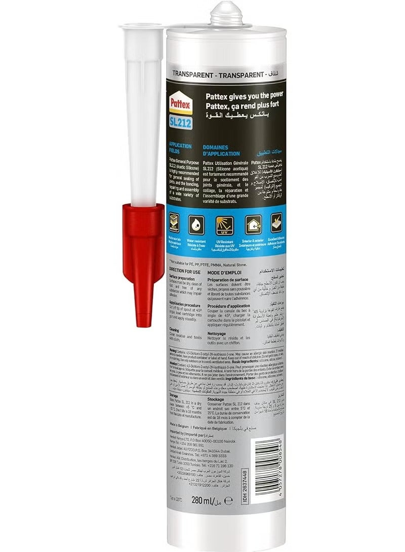 باتكس Pattex SL212 سيليكون أسيتيك شفاف قطعتين - مانع تسرب فائق المرونة ومقاوم للماء 280 مل - للاستخدام العام والمنزلي مقاوم للحرارة وسريع الجفاف - Image 2