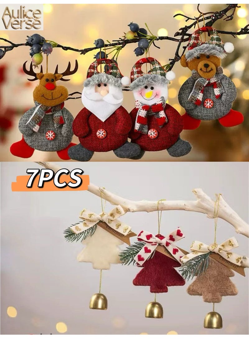 أوليس فيرس  مجموعة زينة كريسماس معلقة (٧ قطع) -- دمية سانتا المحشوة، غزال، رجل ثلج، وقلادات شجرة من اللباد مع أجراس -- ديكورات احتفالية لشجرة ومنزل عيد الميلاد - Image 1