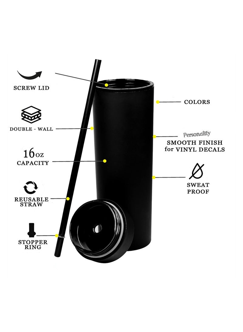 Skinny Acrylic Tumbler Double Wall Plastic Tumbler with Lids and Straws 16oz Matte Black Acrylic Cups Double Wall Reusable Plastic Tumblers Travel Cute Mug 4 Pack