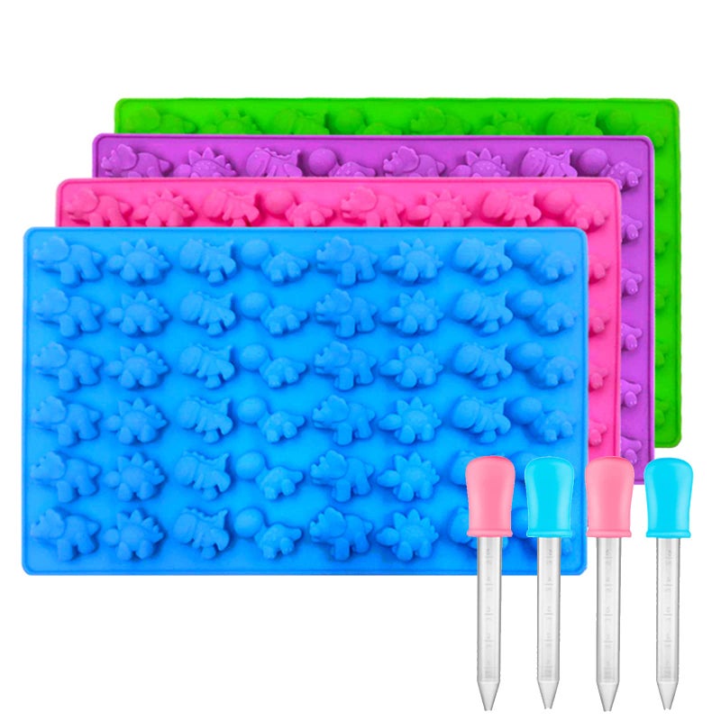 Palksky Mini Dinosaur Silicone Candy molds/Dragon Gummy Bear Mold, Non-Stick Gummie Chocolate Gelatin Tray (4-Pack+4 Droppers) Creates 192 Sweet Snacks Triceratops T-Rex Stegosaurus Brontosaurus - Image 1