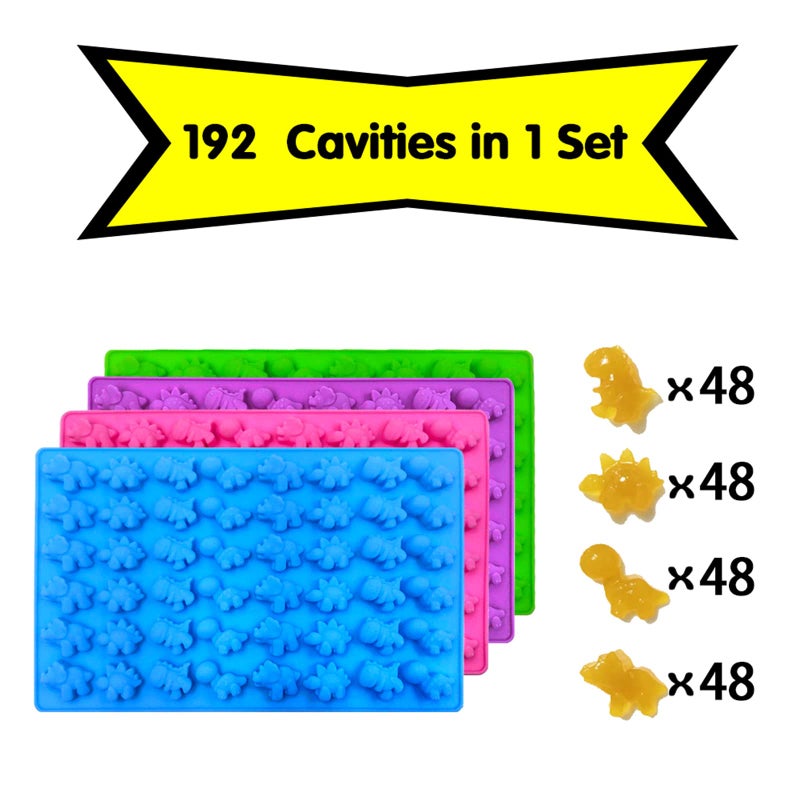 Palksky Mini Dinosaur Silicone Candy molds/Dragon Gummy Bear Mold, Non-Stick Gummie Chocolate Gelatin Tray (4-Pack+4 Droppers) Creates 192 Sweet Snacks Triceratops T-Rex Stegosaurus Brontosaurus - Image 4