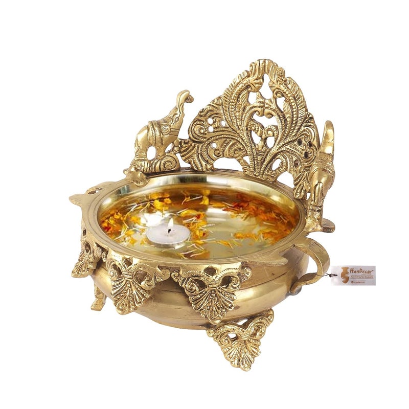 Two Moustaches Ethnic Carved Brass 7 Inches Urli Bowl Showpiece Brass Urli for Home Decor Urli Bowl for Floating Flowers Brass Bowl for Decor Standard Pack of 1 - Image 2