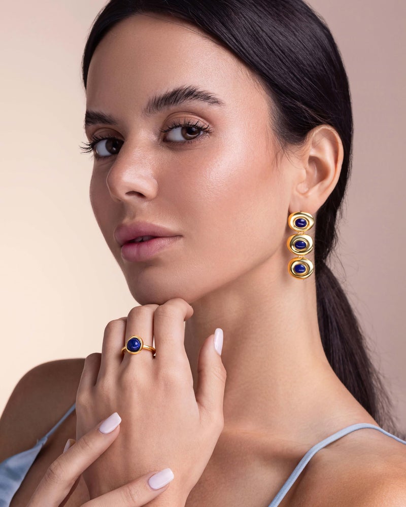 SNGIA Blue Lapis Lazuli Natural Stone Adjustable Statement Open Ring for Women by SNGIA, Summer Beach Unique Bead Gemstone Stackable Wedding Date Birthday Gift, Bohemian Stone Irregular Trendy Navy Jewelry, Textured Patterned Fashion Quartz Accessories, Vintage Hammered Circular Nickle Free Gifts. - Image 2