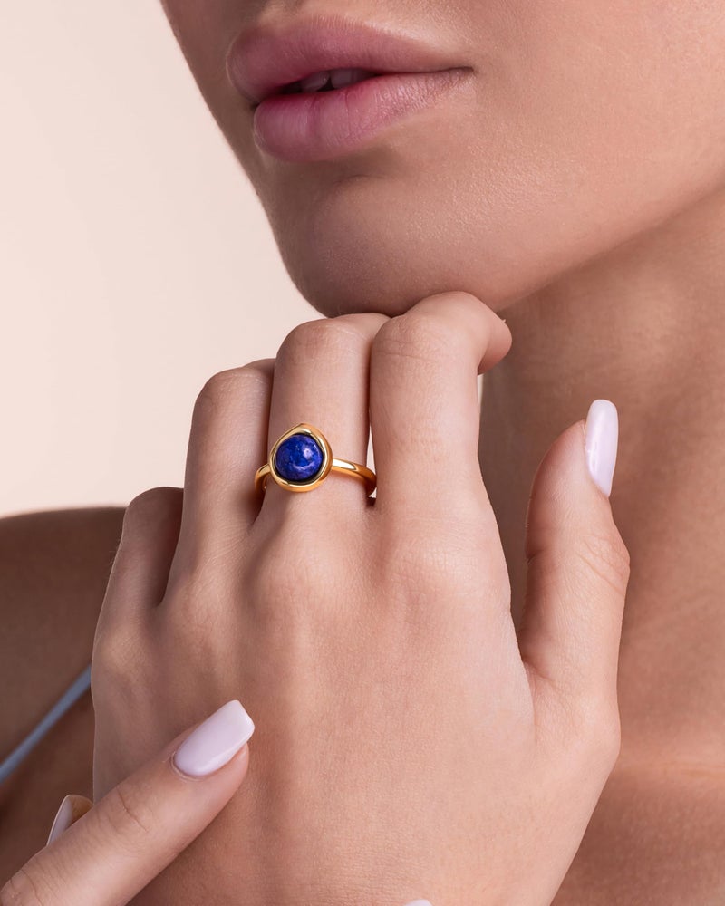 SNGIA Blue Lapis Lazuli Natural Stone Adjustable Statement Open Ring for Women by SNGIA, Summer Beach Unique Bead Gemstone Stackable Wedding Date Birthday Gift, Bohemian Stone Irregular Trendy Navy Jewelry, Textured Patterned Fashion Quartz Accessories, Vintage Hammered Circular Nickle Free Gifts. - Image 3