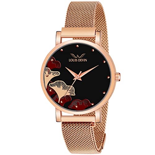 LOUIS DEVIN Rose Gold Plated Mesh Chain Analog Wrist Watch for Women (Black Dial) | LD-RG162-BLK - Image 1