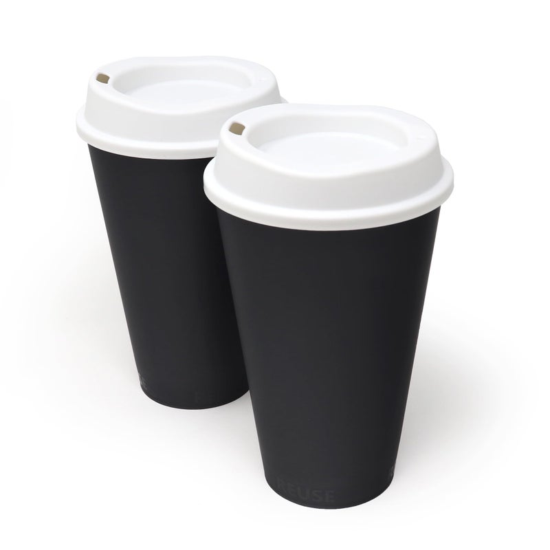 Rolling Sands USA Made 16 oz Reusable Coffee Cups with Lids 2 Pk  To Go Travel Cups  Hot or Cold Drinks  Dishwasher and Microwave Safe  Black Cups  White Lids - Image 1